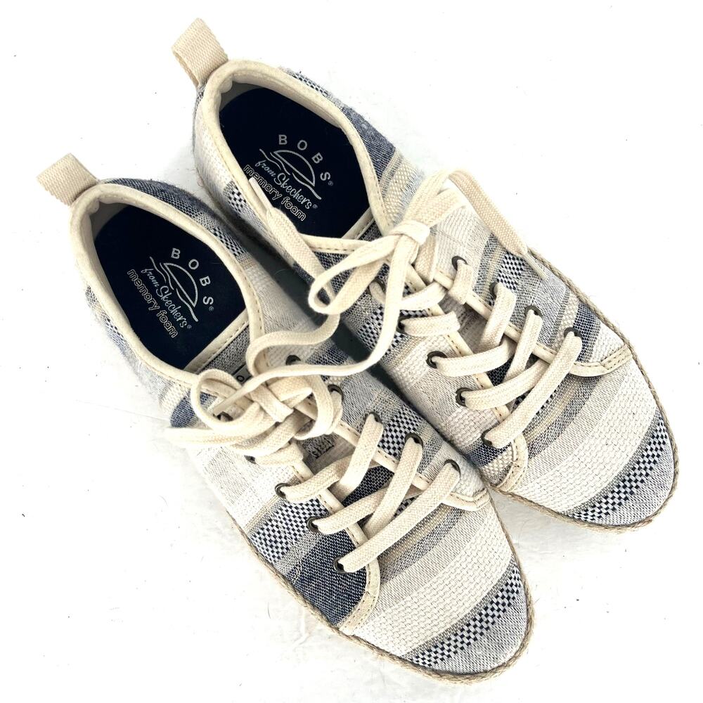 Skechers BOBS Sesame Espadrille Platform Sneakers Navy Stripe Memory Foam 8.5
